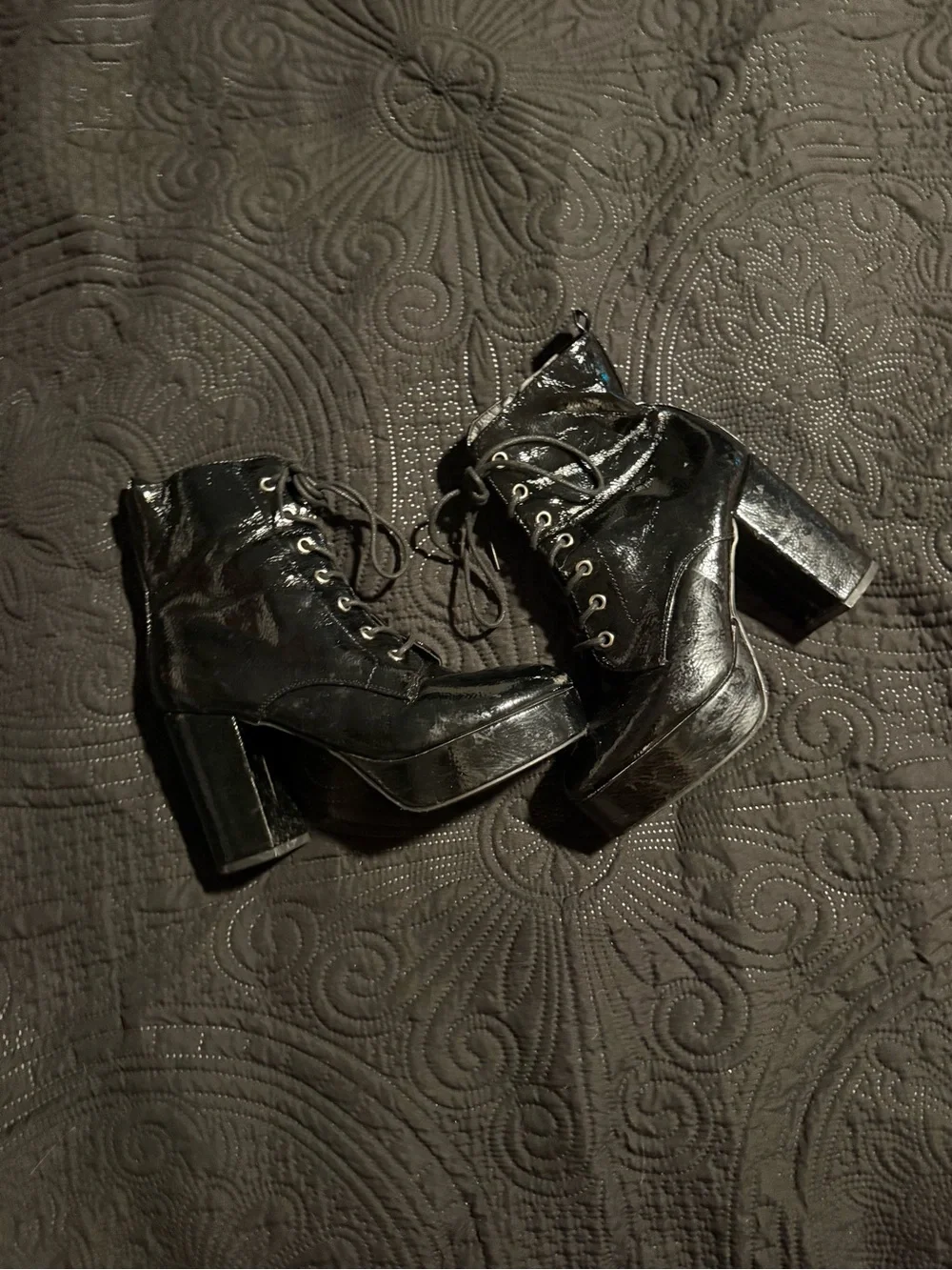 Women's Black Patent Lace-Up Platform Ankle Boots